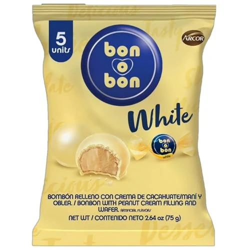 Arcor Bon O Bon - White Chocolate Bon Bons - Fun Size Candy Snack Pouch - Authentic Argentinian Favorite Bombones De Chocolate Blanco, Perfect for Lun