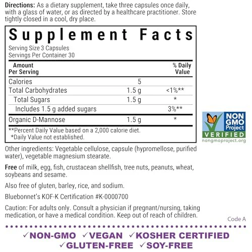 BlueBonnet Nutrition D-Mannose 500 Mg – Fast Acting Urinary Tract Support for Men & Women* - Non-GMO, Vegan, Kosher, Gluten-Free - 90 Vegetable Caps - Image 2