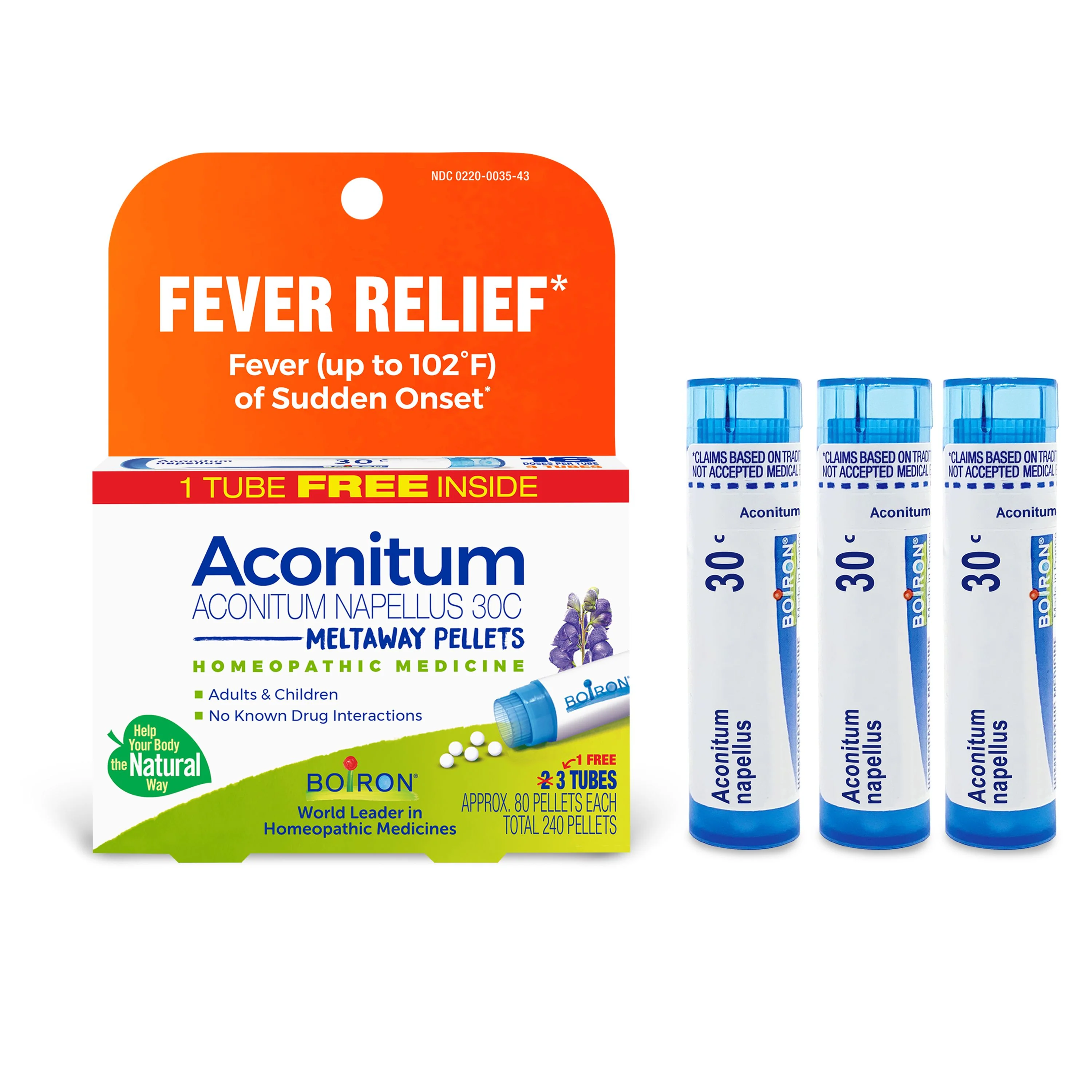 Boiron Aconitum Napellus 30C Bonus Pack Fever Relief, Fever (up to 102¡F) of Sudden Onset, 3 x 80 Pellets