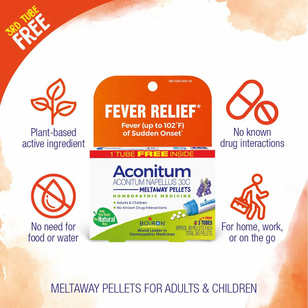 Boiron Aconitum Napellus 30C Bonus Pack Fever Relief, Fever (up to 102¡F) of Sudden Onset, 3 x 80 Pellets - Image 3