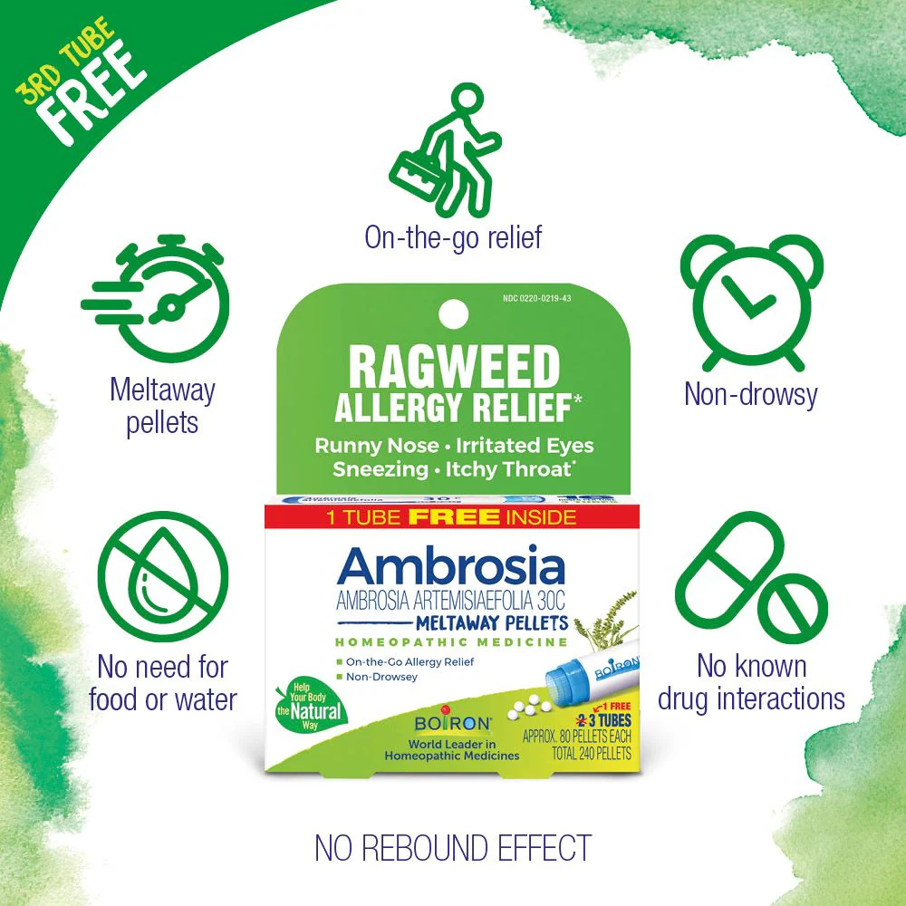 Boiron Ambrosia 30C Bonus Pack, Homeopathic Medicine for Ragweed Allergy Relief, Runny Nose, Irritated Eyes, Sneezing, Itchy Throat, 3 x 80 Pellets - Image 3