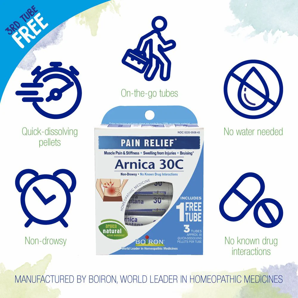 Boiron Arnica 30C Bonus Pack, Homeopathic Medicine for Pain Relief, Muscle Pain & Stiffness, Swelling from Injuries, Bruises, 3 x 80 Pellets - Image 3