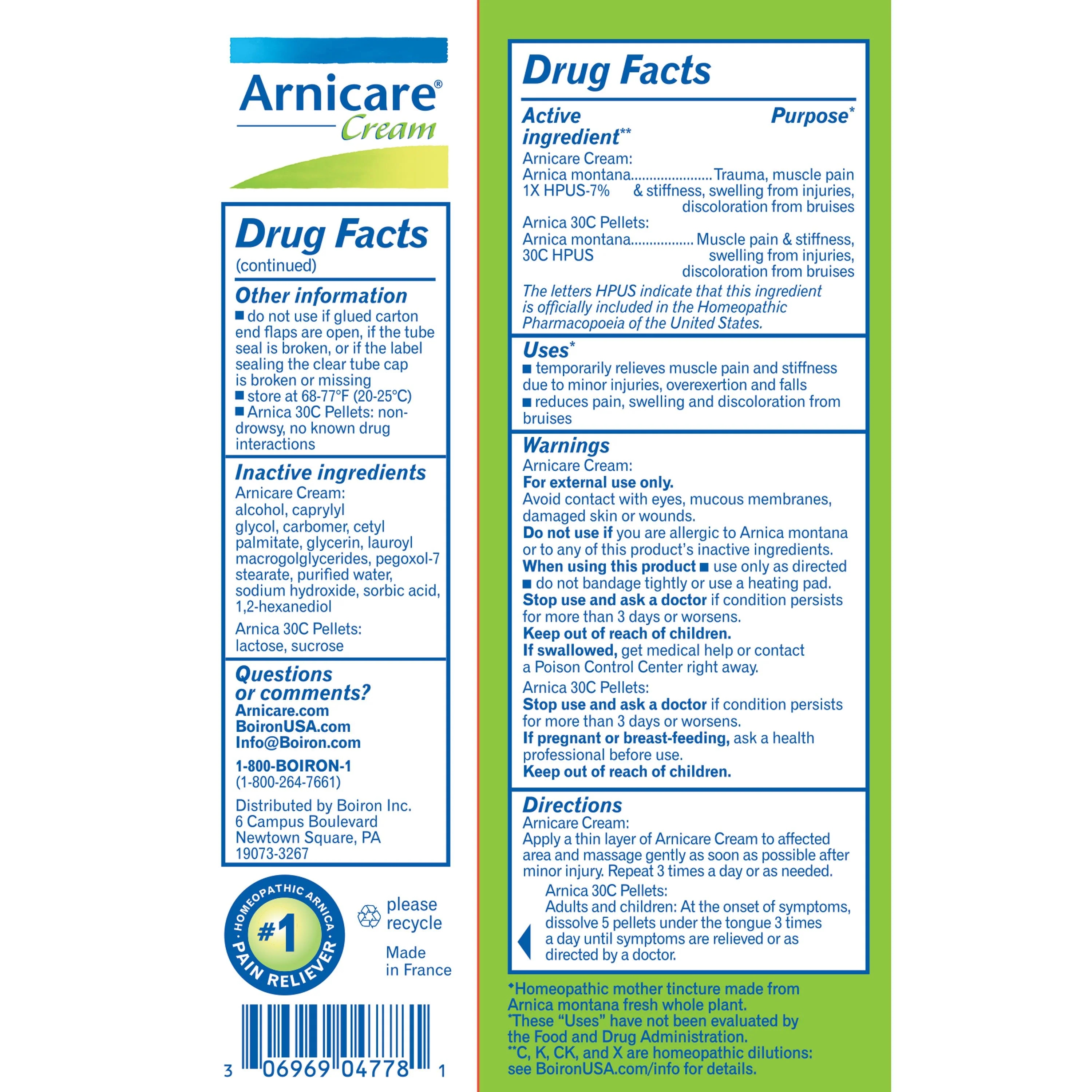 Boiron Arnicare Cream and Arnica 30C Value Pack Pain Relief, Muscle Pain & Stiffness, Swelling from Injuries, Bruising, 2.5 oz and 80 Pellets - Image 2