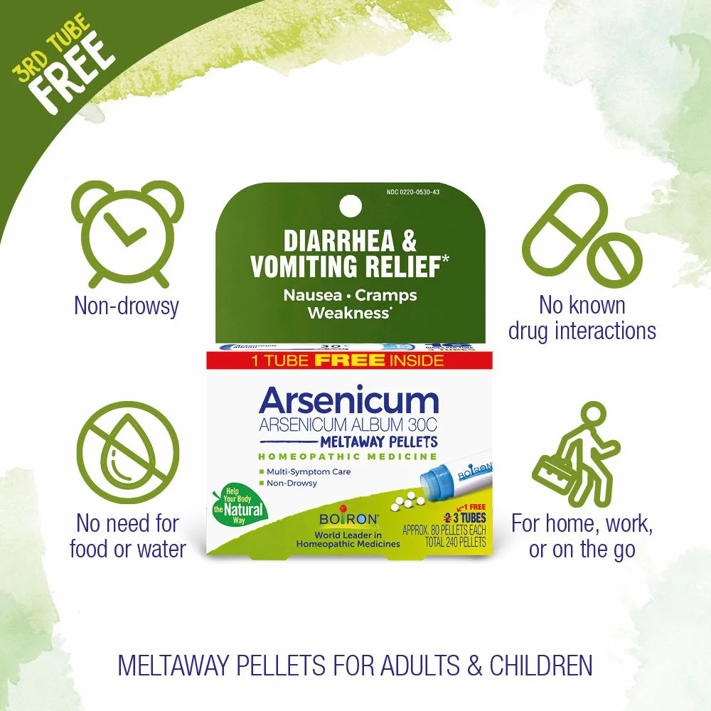 Boiron Arsenicum Album 30C Bonus Pack, Homeopathic Medicine for Diarrhea & Vomiting Relief, Nausea, Cramps, Weakness, 3 x 80 Pellets - Image 3