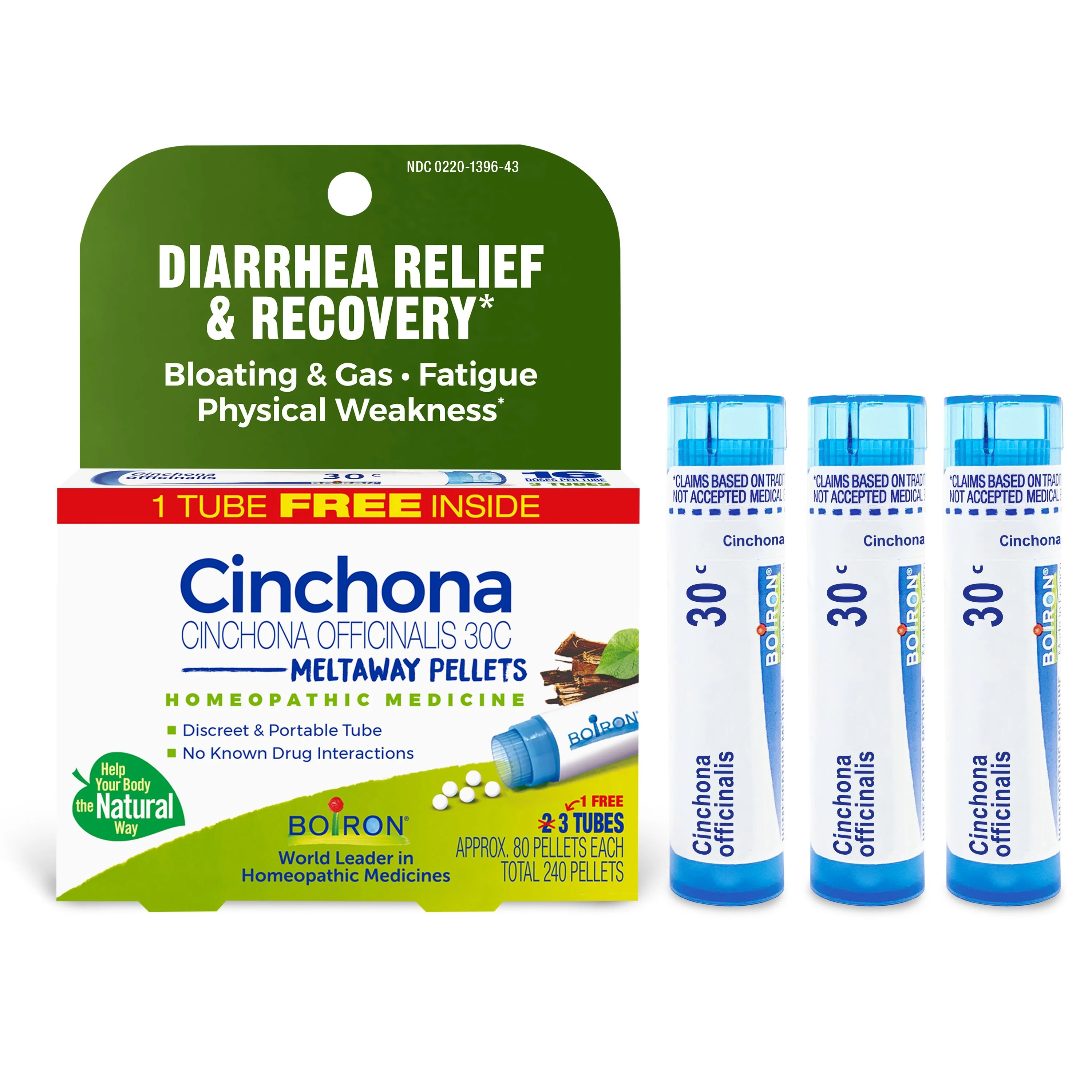 Boiron Cinchona Officinalis 30C Bonus Care Pack, Homeopathic Medicine for Diarrhea Relief & Recovery, 3 x 80 Pellets