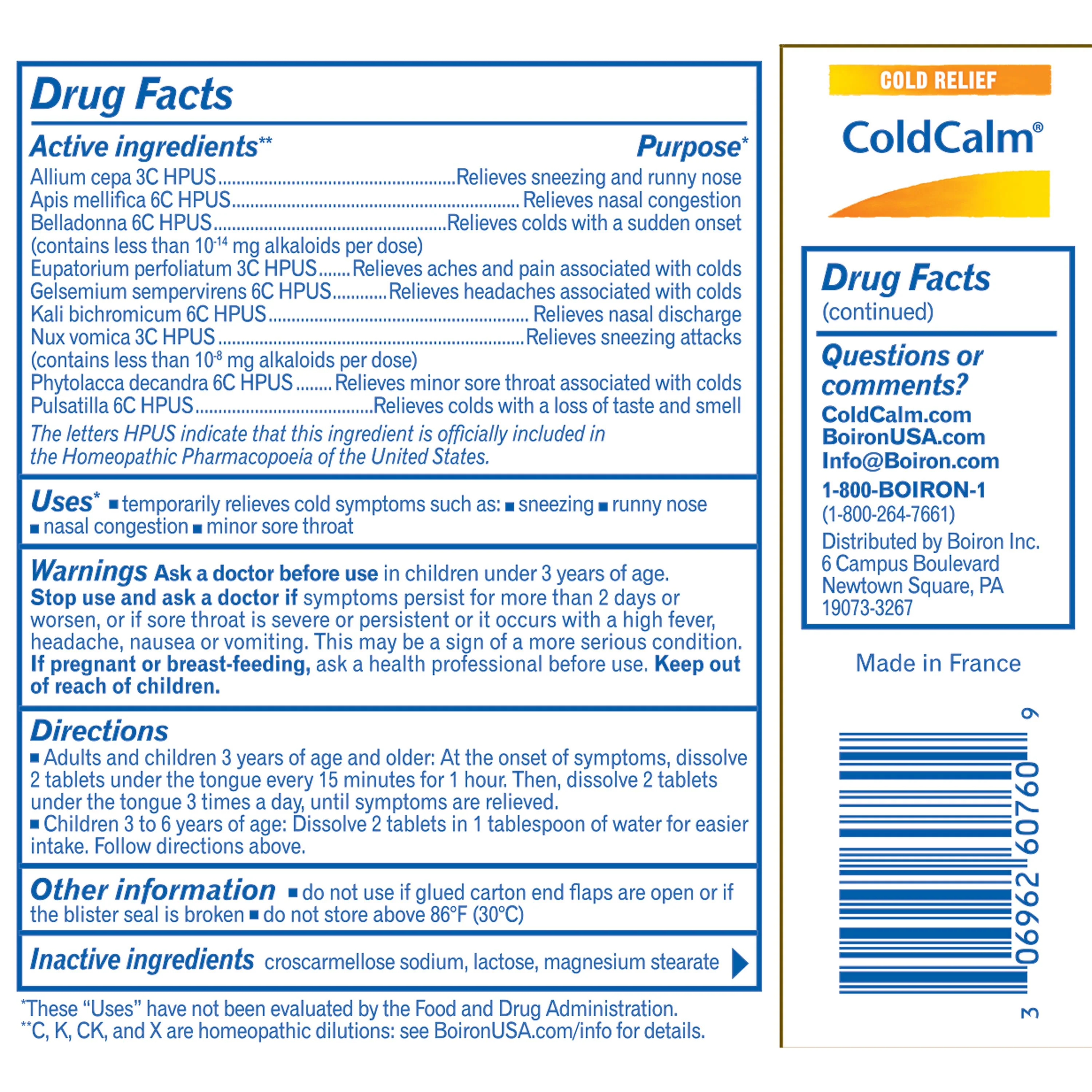 Boiron ColdCalm, Homeopathic Medicine for Cold Relief, Sneezing, Runny Nose, Nasal Congestion, Minor Sore Throat, 60 Tablets - Image 2