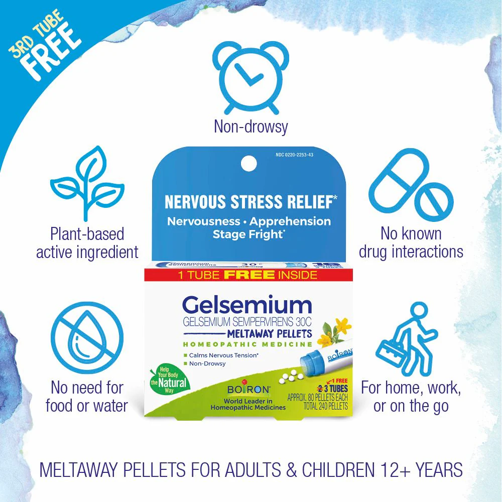 Boiron Gelsemium 30C Bonus Pack, Homeopathic Medicine for Nervous Stress Relief, Nervousness, Apprehension, Stage Fright, 3 x 80 Pellets - Image 3