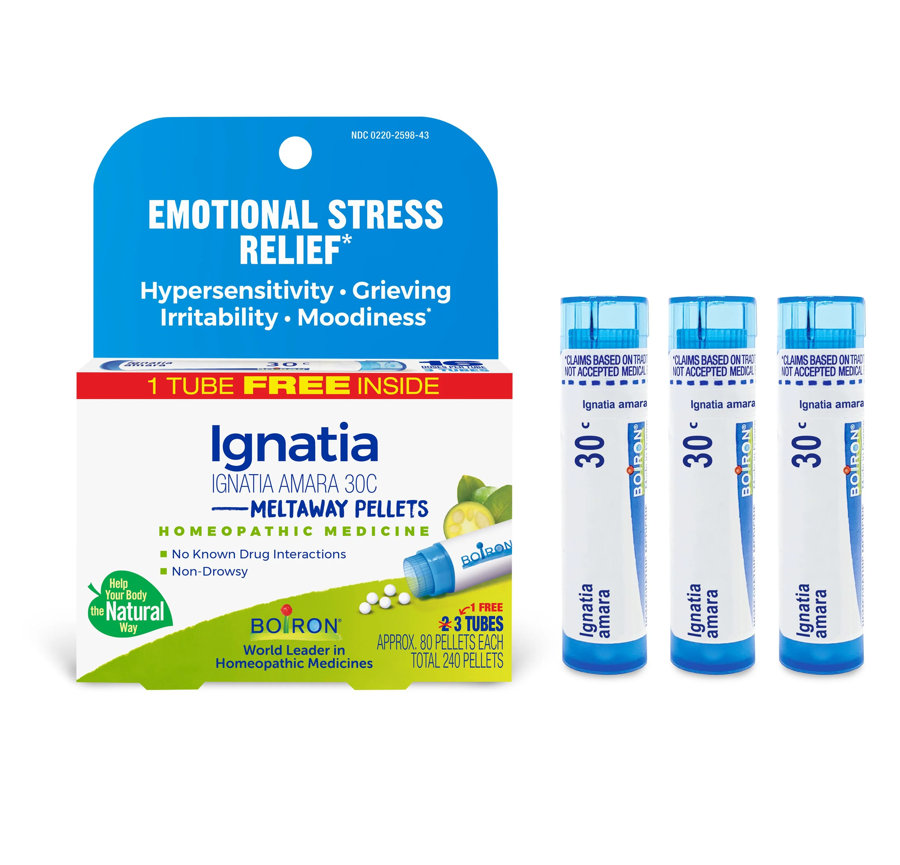 Boiron Ignatia Amara 30C Bonus Pack, Homeopathic Medicine for Emotional Stress Relief, Hypersensitivity, Grieving, Irritability, Moodiness, 3 x 80 Pellets