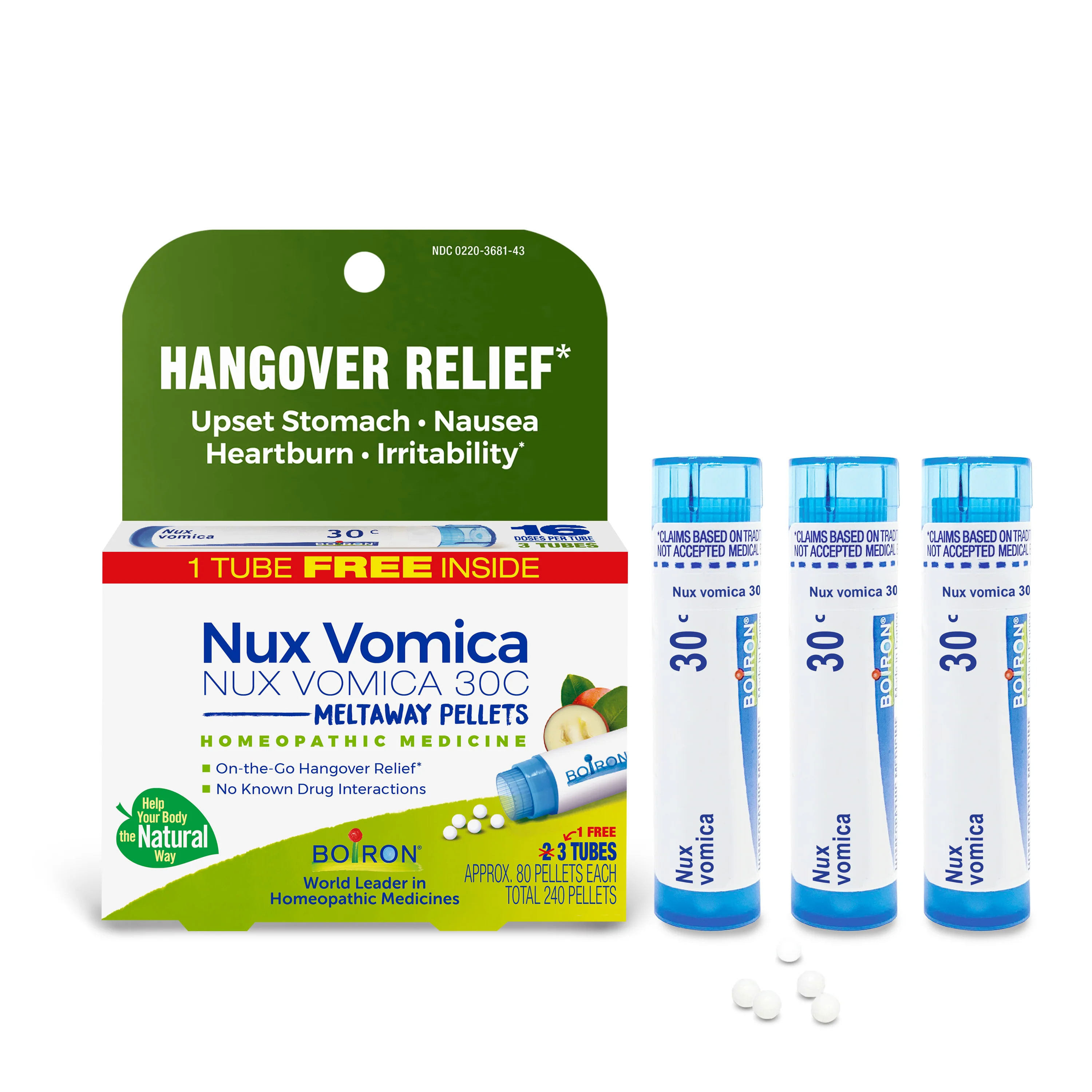 Boiron Nux Vomica 30C Bonus Pack, Homeopathic Medicine for Hangover Relief, Upset Stomach, Nausea, Heartburn, Irritability, 3 x 80 Pellets
