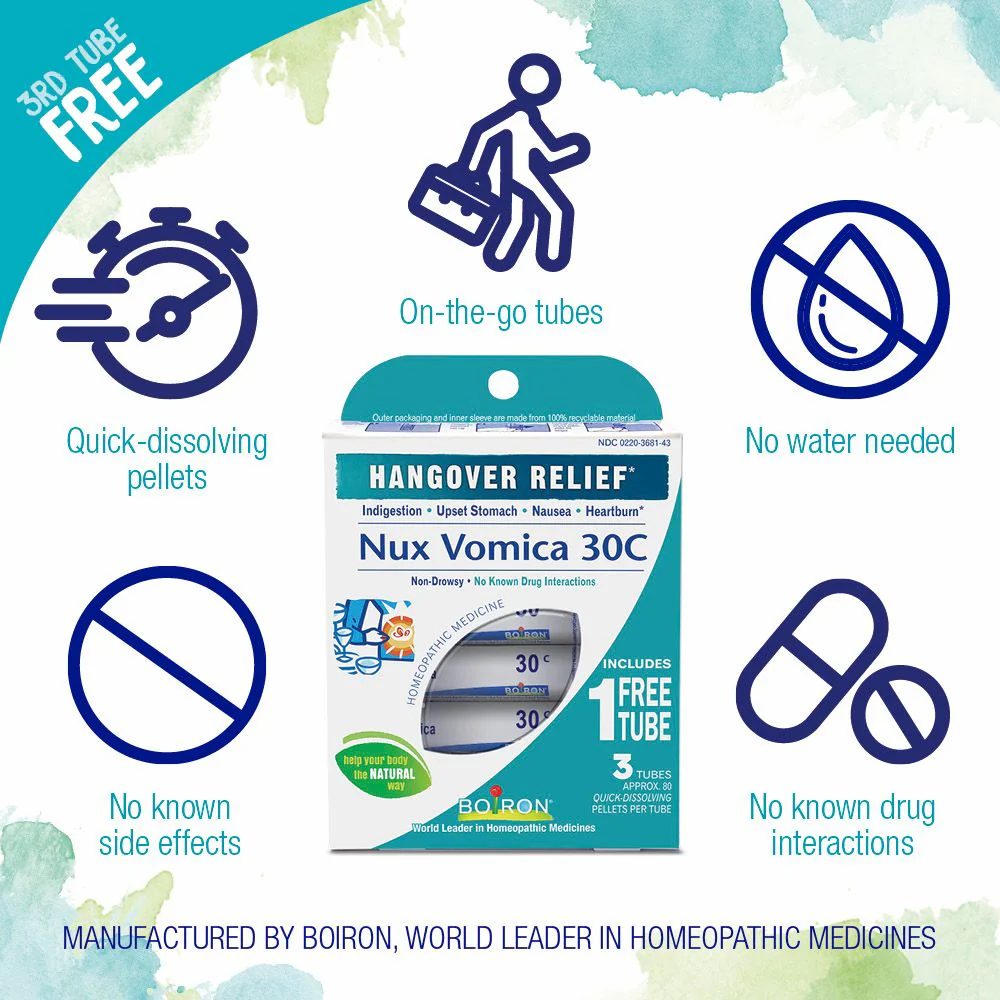 Boiron Nux Vomica 30C Bonus Pack, Homeopathic Medicine for Hangover Relief, Upset Stomach, Nausea, Heartburn, Irritability, 3 x 80 Pellets - Image 3