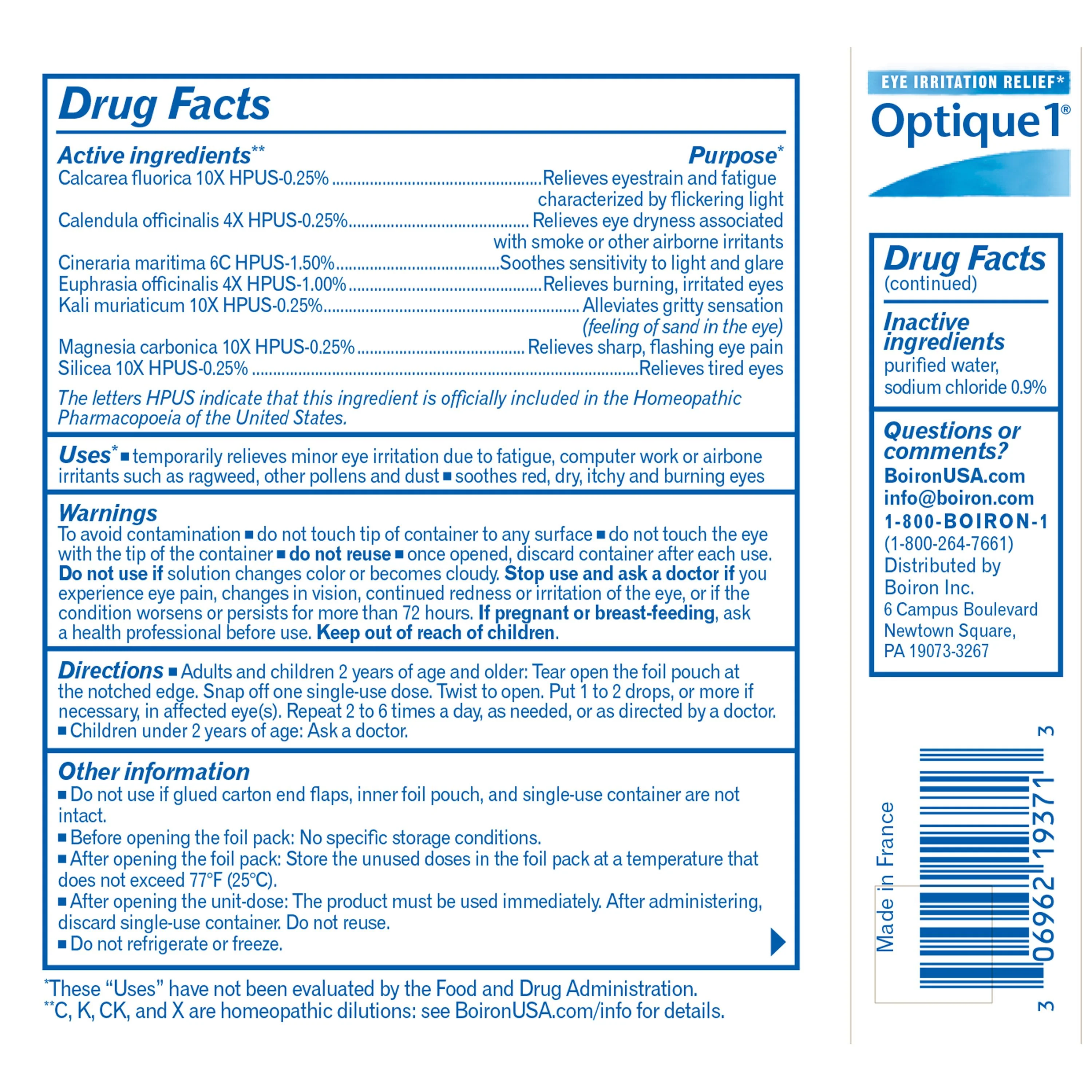 Boiron Optique 1 Eye Drops Eye Irritation Relief, Dry Eyes, Allergy Symptoms, Itchy, Red, Burning Eyes, Computer Eye Strain, 10 Single Liquid Doses - Image 2