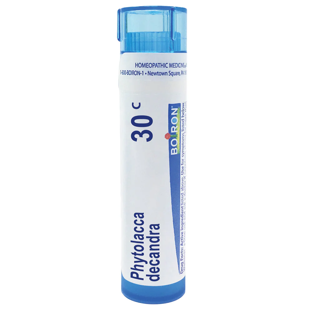 Boiron Phytolacca Decandra 30C relieves sore throat pain radiating to the ears, 80 Pellets