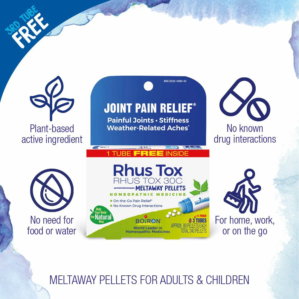 Boiron Rhus Tox 30C Bonus Pack, Homeopathic Medicine for Joint Pain Relief, Painful Joints, Stiffness, Weather-Related Aches, 3 x 80 Pellets - Image 3