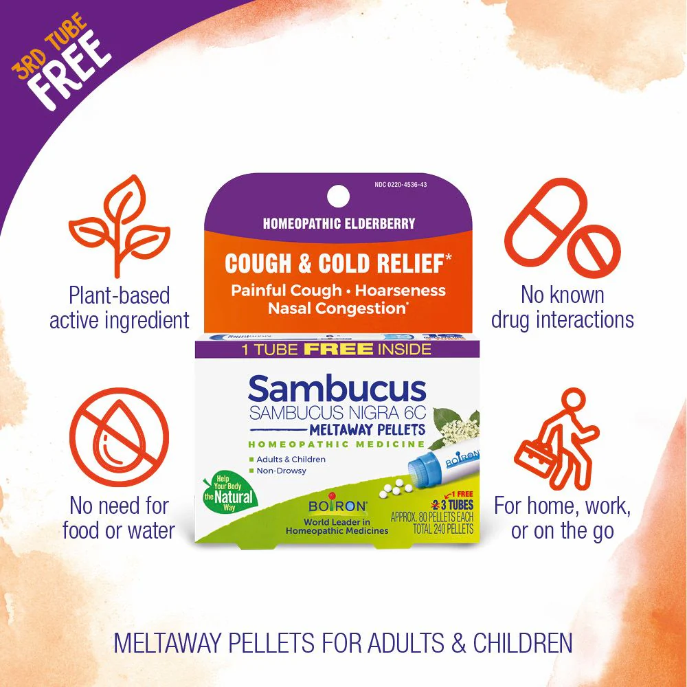 Boiron Sambucus Nigra 6C Bonus Pack, Homeopathic Medicine for Cough & Cold Relief, Painful Cough, Hoarseness, Nasal Congestion, 3 x 80 Pellets - Image 3