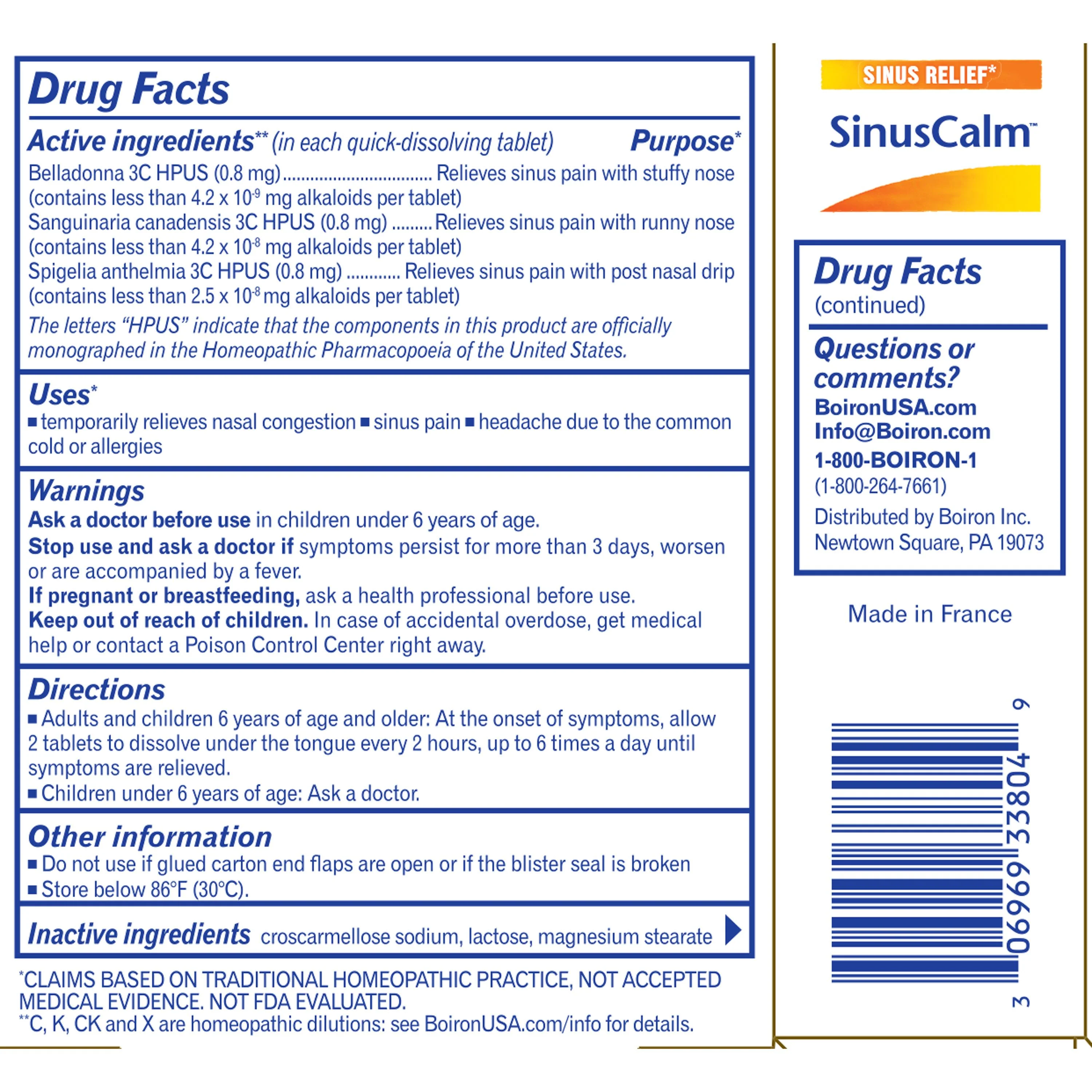 Boiron SinusCalm, Homeopathic Medicine for Sinus Relief, Congestion & Pain, Sinus Pressure, Headache, 60 Tablets - Image 2