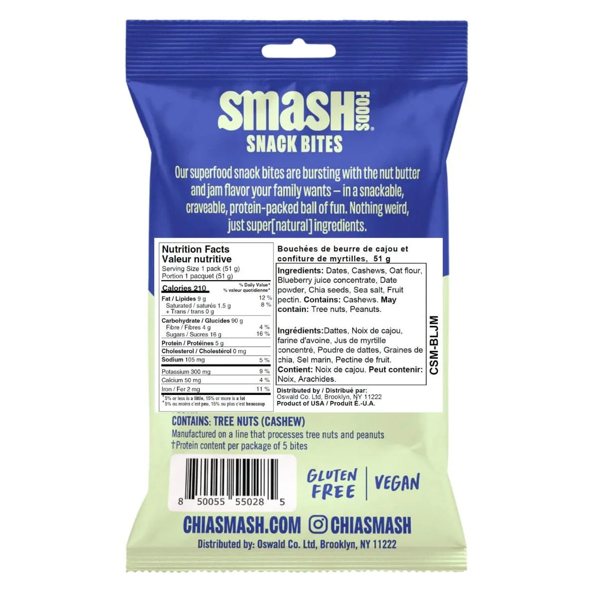 Chia Smash Protein Superfood Snack Bites Cashew Butter + Blueberry Jam, 5 Bites - Image 2