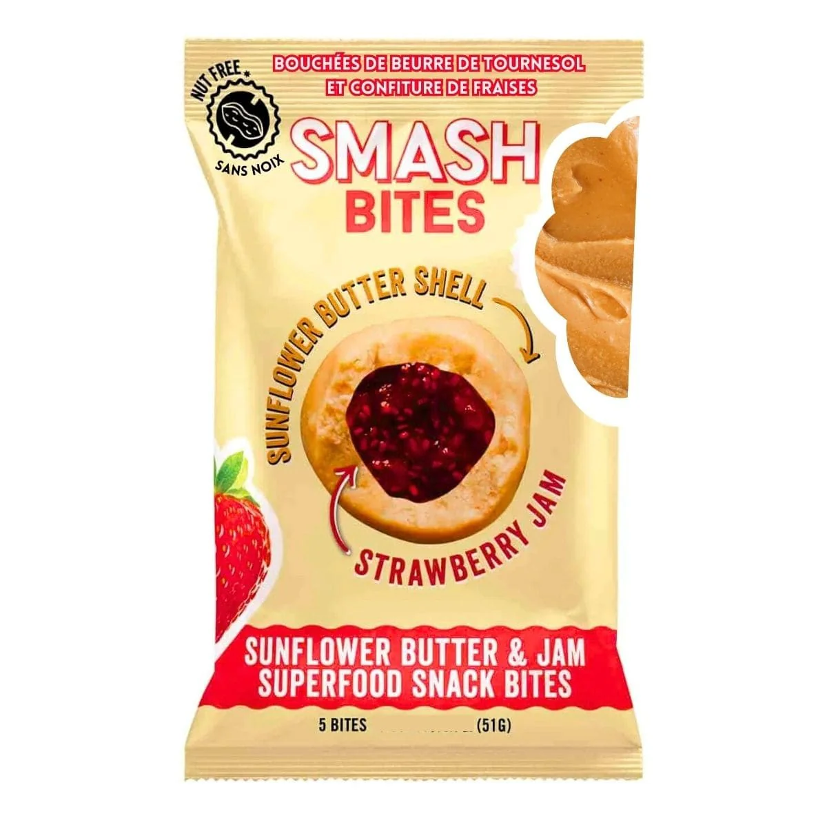 Chia Smash Protein Superfood Snack Bites Sunflower Butter + Strawberry Jam, 5 Bites