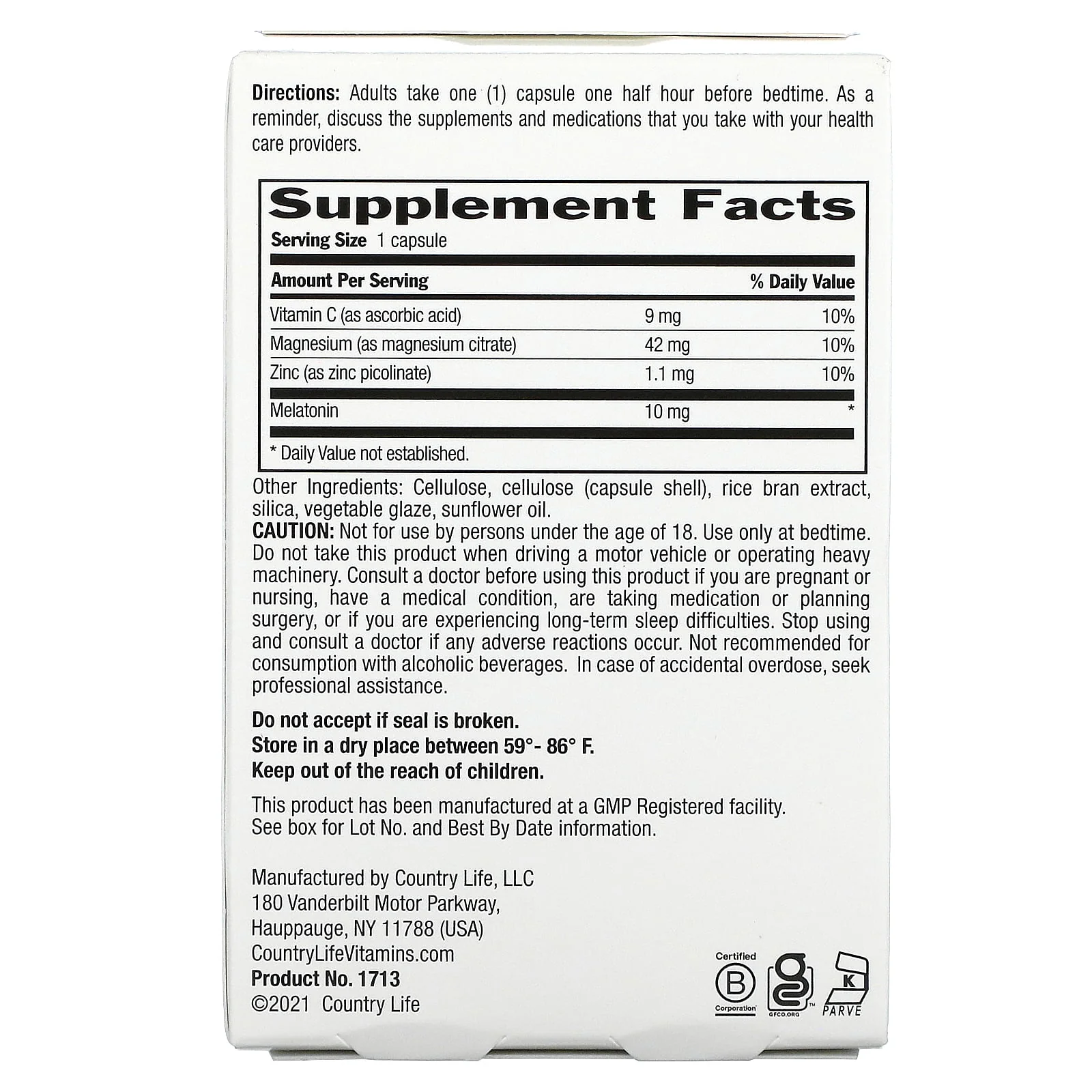 Country Life Melatonin 10mg Vegetable Capsules 60ct - Image 2