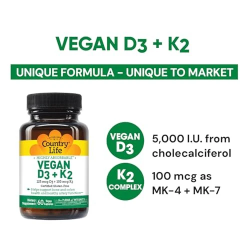 Country Life Vegan D3 & K2 – 5000 IU & 100 Mcg MK-4 & MK-7 60 Capsules - Image 2