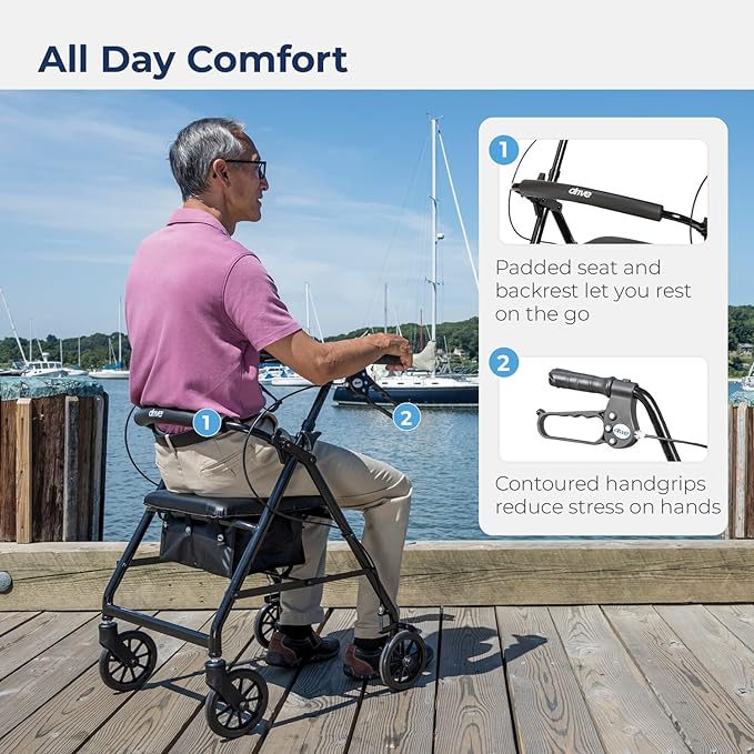 Drive Medical Rollator Rolling Walker with 6" Wheels, Fold Up Removable Back Support and Padded Seat - Image 3