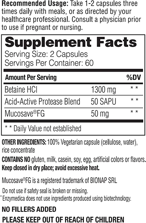 Enzymedica Betaine HCI 60 Capsules - Image 2