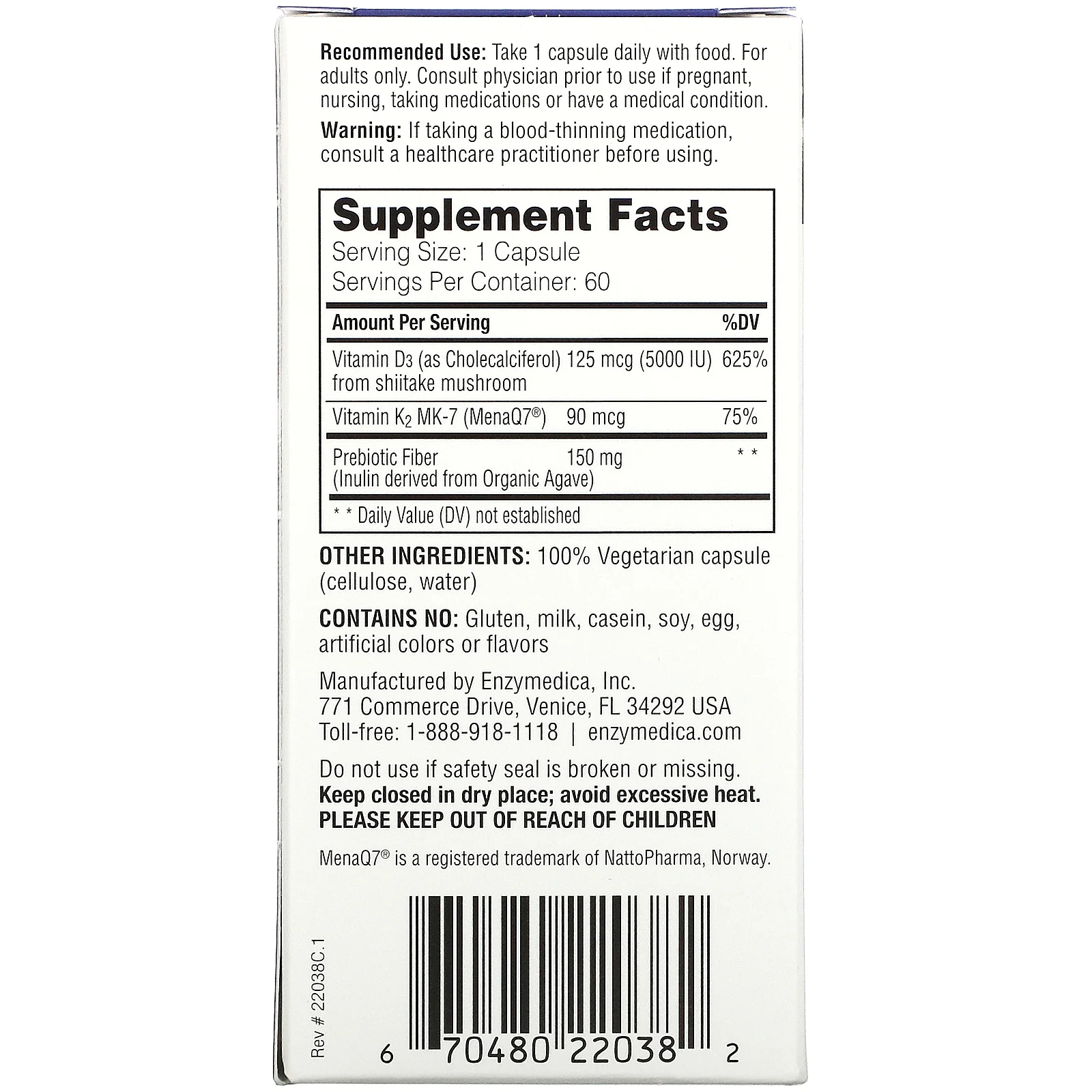 Enzymedica Vegan Vitamin D3 + K2 60 Capsules - Image 2