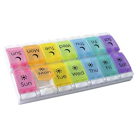 Ezy Dose Push Button (7-Day) Pill, Medicine, Vitamin Organizer Box Weekly, 2 Times a Day, AM PM Extra Large Compartments Rainbow Lids FDA Register