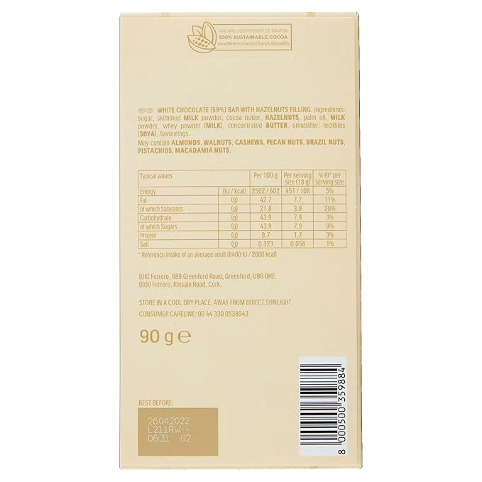 Ferrero Roche White Chocolate Hazelnut Bar 90g - Image 2