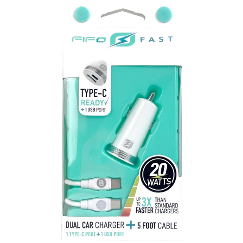 Fifo Dual Car Charger C to C Type 5 ft - USB-C Port + 1 USB