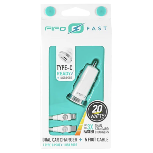 Fifo Dual Car Charger C to Lightning 5 ft - USB-C Port + 1 USB