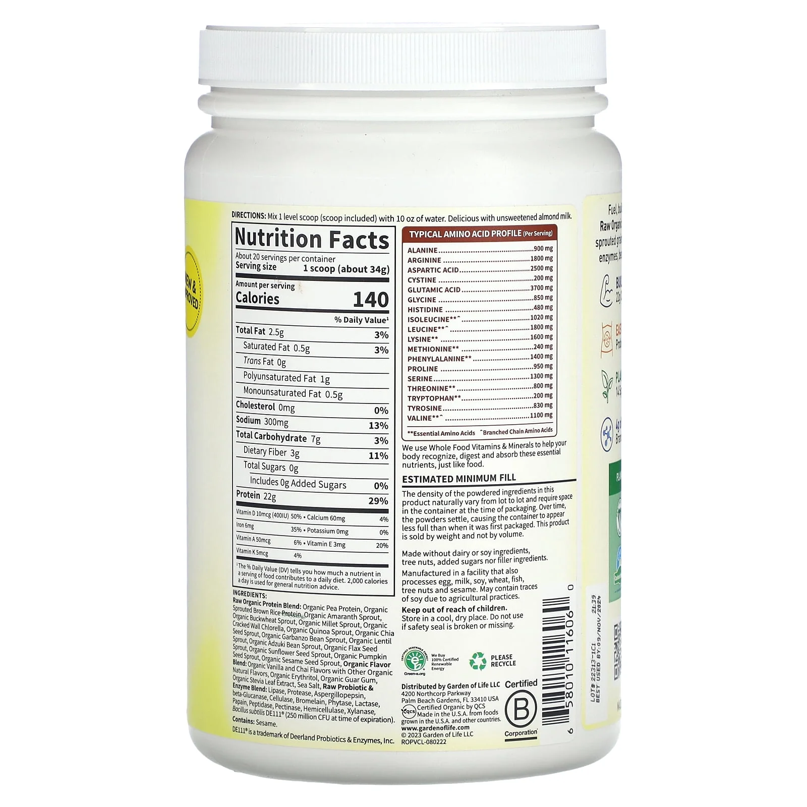 Garden Of Life Raw Organic Protein Vanilla Chai 23oz - Image 2