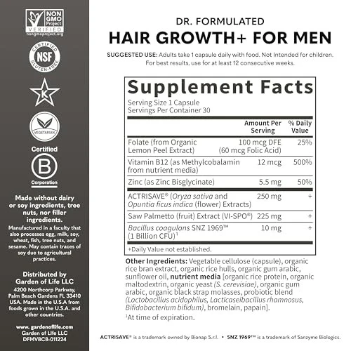 Garden of Life, Hair Growth+ for Men 30 Vegetarian Capsules - Image 5