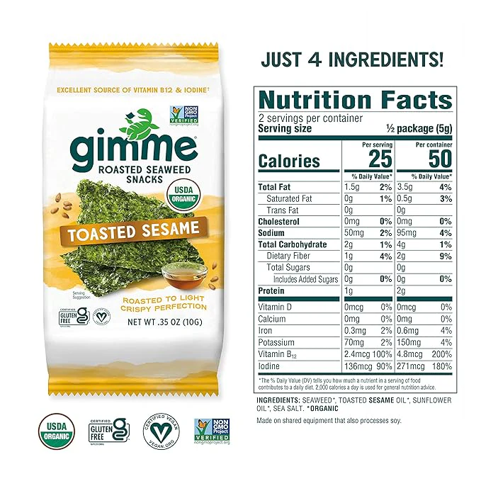 gimMe - Organic Roasted Seaweed Sheets - Keto, Vegan, Gluten Free - Great Source of Iodine & Omega 3’s - Healthy On-The-Go Snack for Kids & Adults
