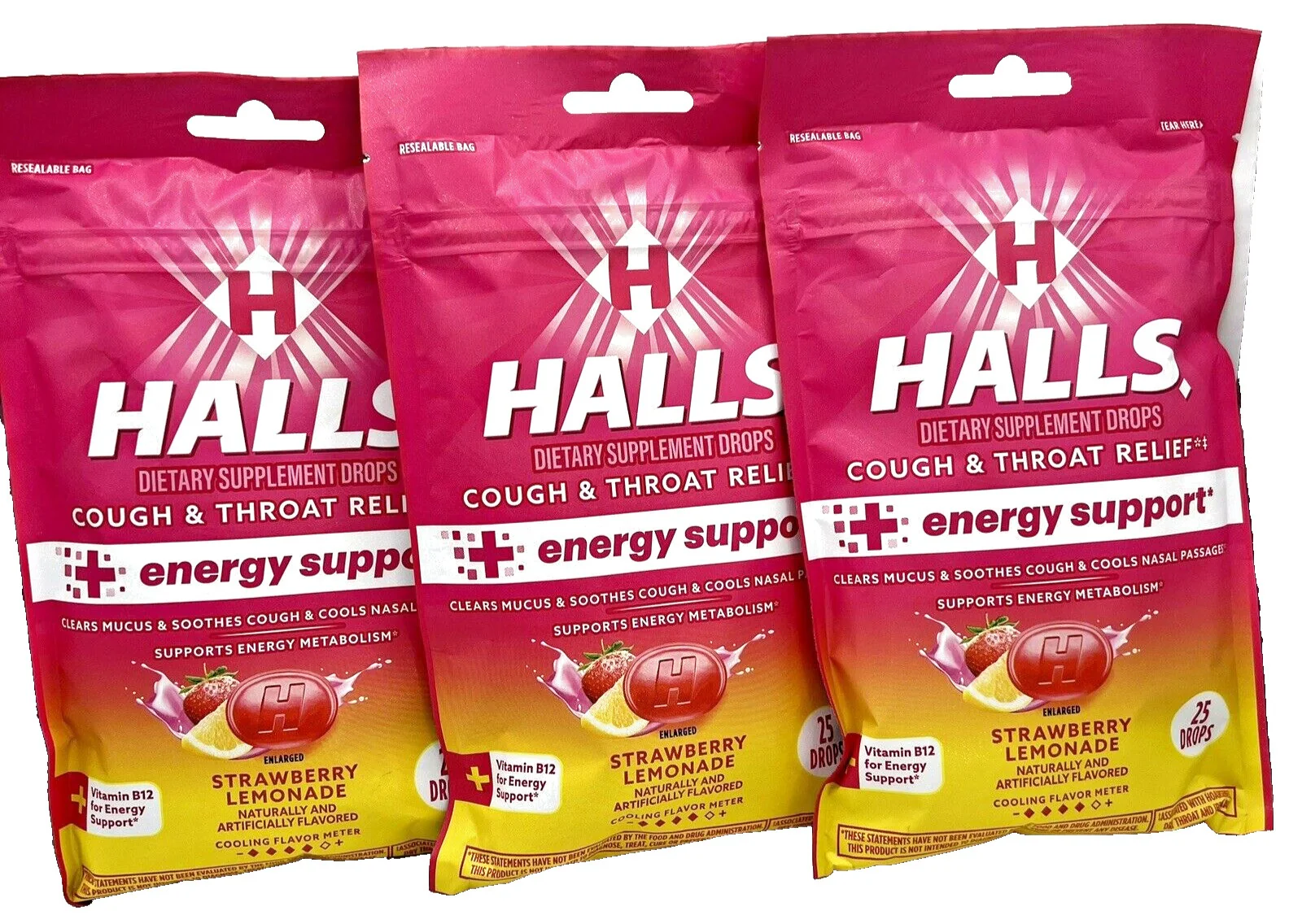 Halls Cough & Throat Relief + Energy Support, Strawberry Lemonade, 25 CT