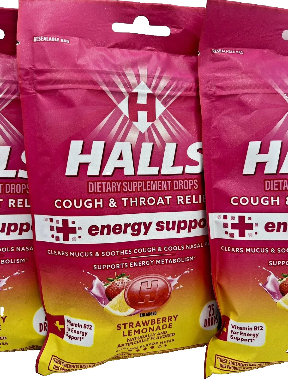 Halls Cough & Throat Relief + Energy Support, Strawberry Lemonade, 25 CT - Image 2