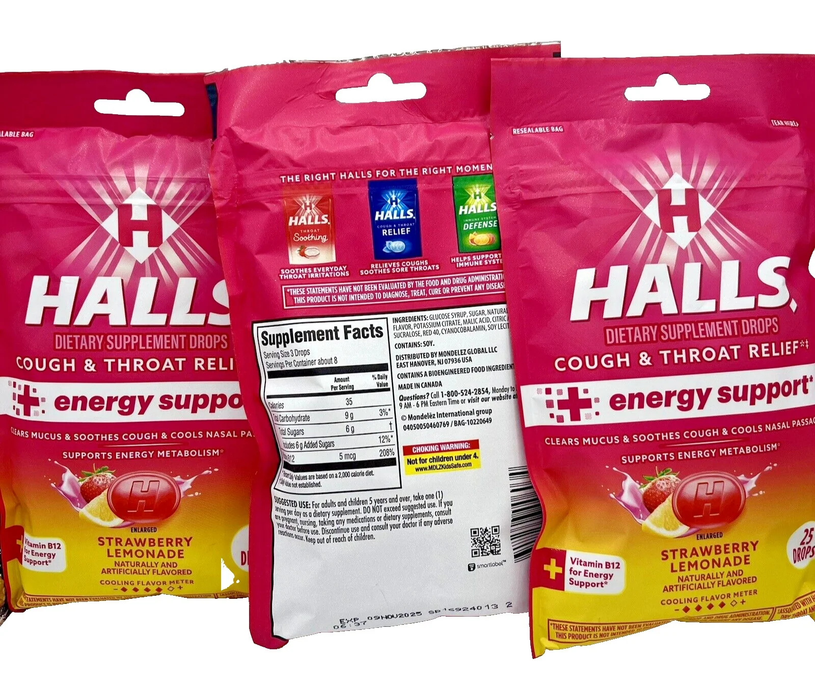 Halls Cough & Throat Relief + Energy Support, Strawberry Lemonade, 25 CT - Image 3