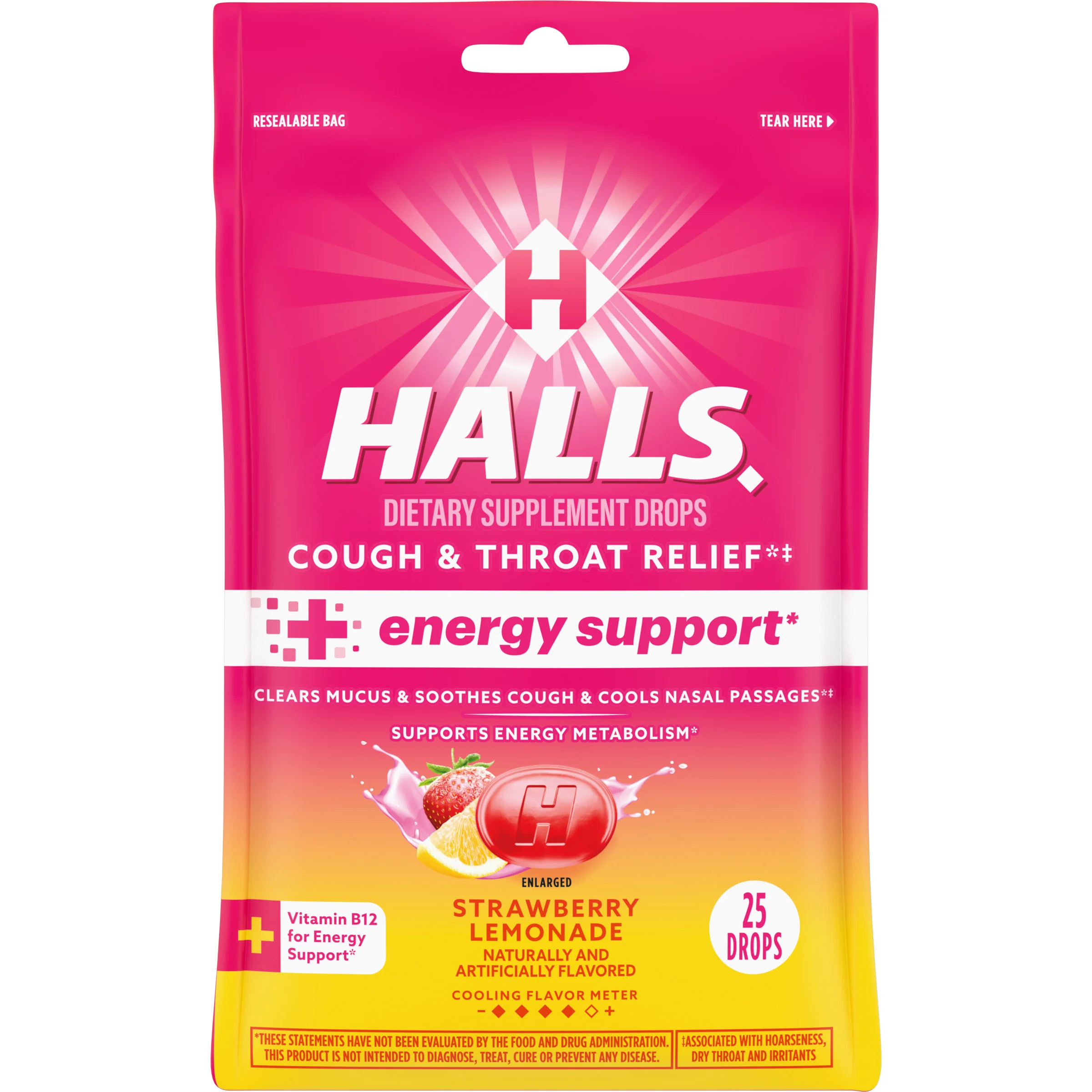Halls Cough & Throat Relief + Energy Support, Strawberry Lemonade, 25 CT - Image 5