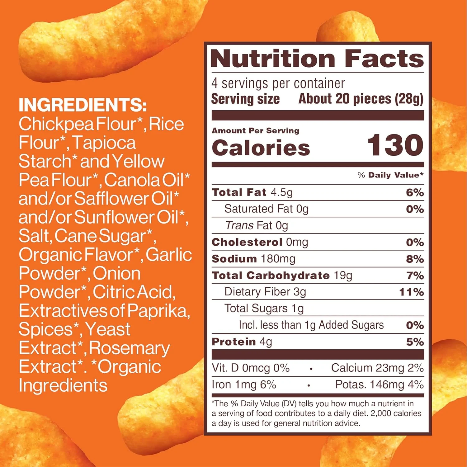Hippeas Chickpea Puffs, Nacho Vibes, 4 Ounce , 4g Protein, 3g Fiber, Vegan, Gluten-Free, Crunchy, Plant Protein Snacks - Image 2