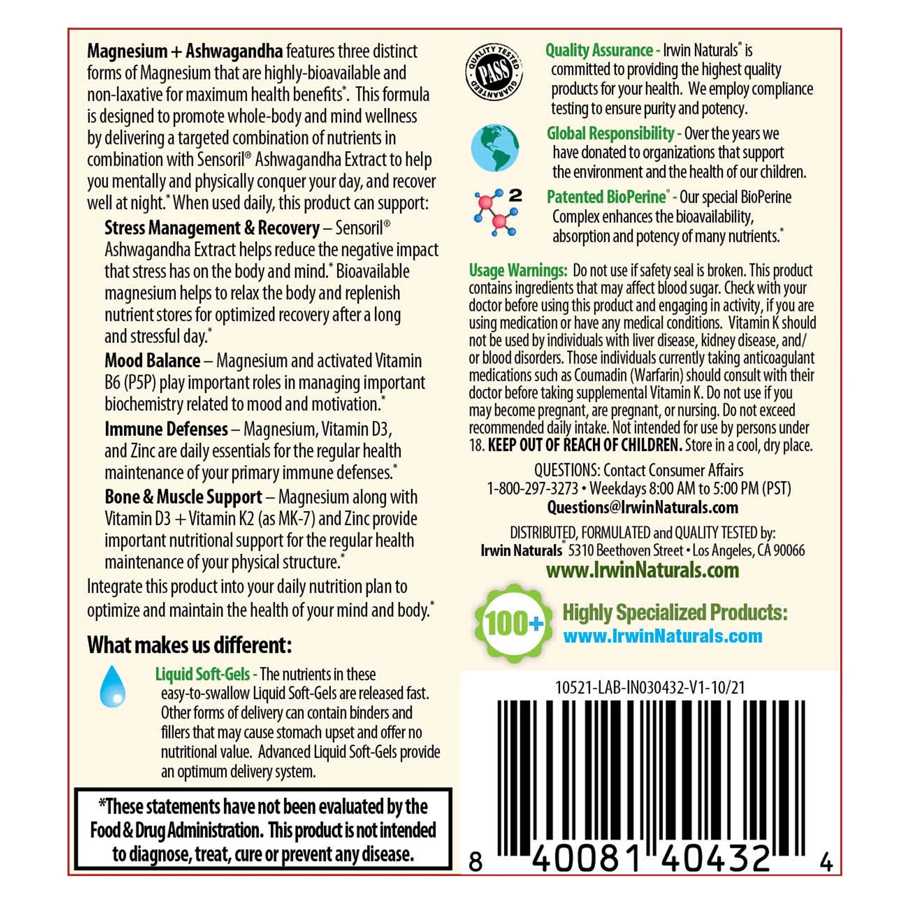 IRWIN NATURALS MAGNESIUM+ASHWAGANDHA, 60 LIQUID SOFT GELS - Image 2
