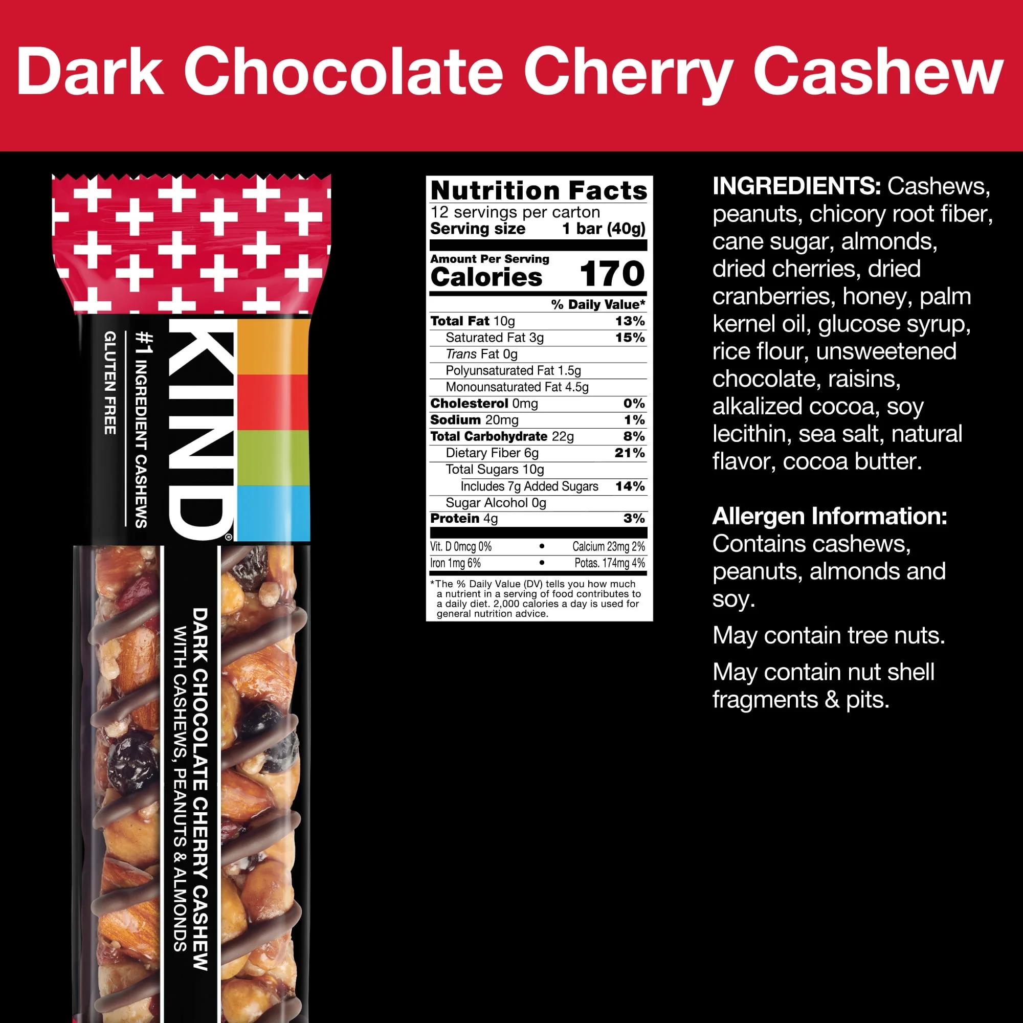Kind Plus Dark Chocolate Cherry Cashew Bar 1.4oz - Image 2