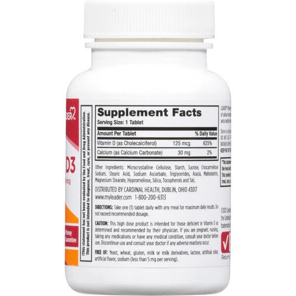 Leader Vitamin D3 125 Mcg Dietary Supplement, 100 Tablets 096295140361VL - Image 2