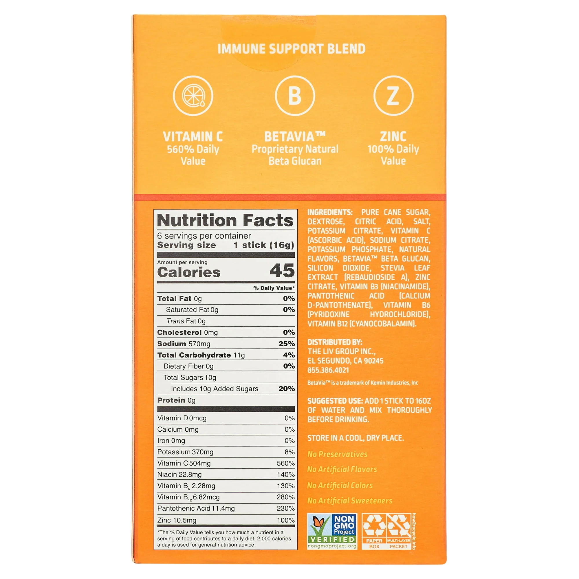 Liquid I.V. Hydration Multiplier Immune Support Drink Tangerine Sticks 6ct - Image 2