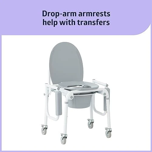 Medline Aluminum Drop-Arm Bathroom Chair Commode with 4 Locking Casters, 300 Lbs. Capacity, for Restroom, Elderly, Adults, Bariatric & Wheelchair Tran - Image 3