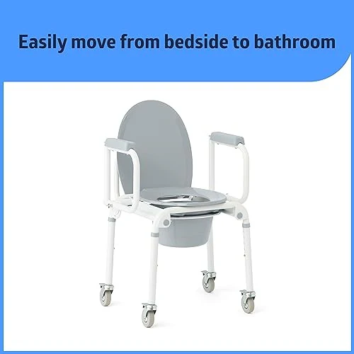 Medline Aluminum Drop-Arm Bathroom Chair Commode with 4 Locking Casters, 300 Lbs. Capacity, for Restroom, Elderly, Adults, Bariatric & Wheelchair Tran - Image 4