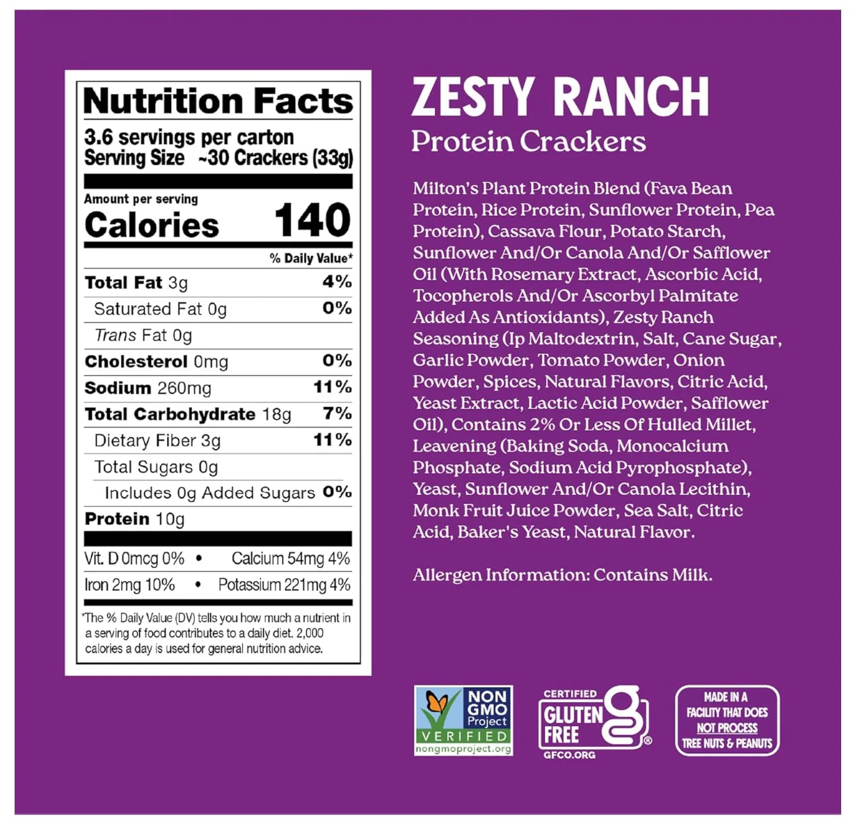 Milton’s Plant-Based Protein Crackers Zesty Ranch, 120g - Image 2