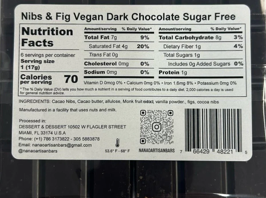 Nanao Sugar Free Nibs & Fig Vegan Dark Chocolate 3.35oz - Image 2
