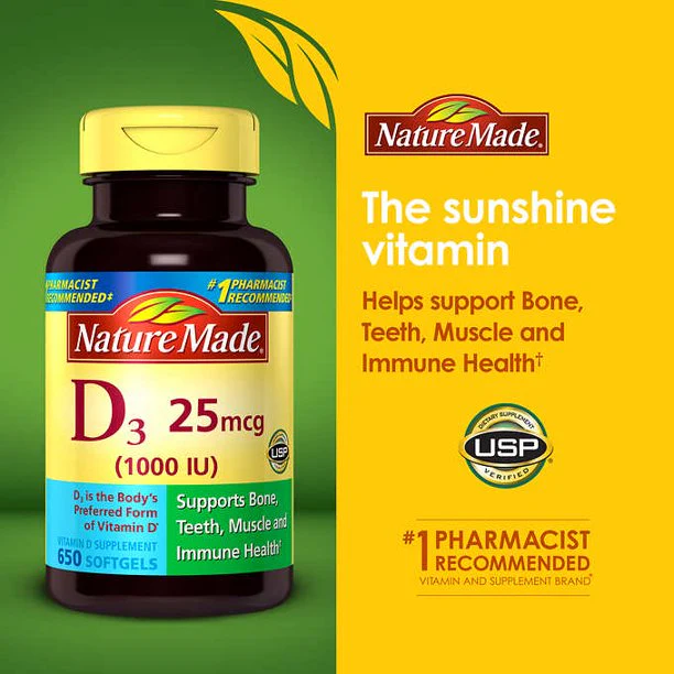 Nature Made D3 1000 IU Softgels 650 ct