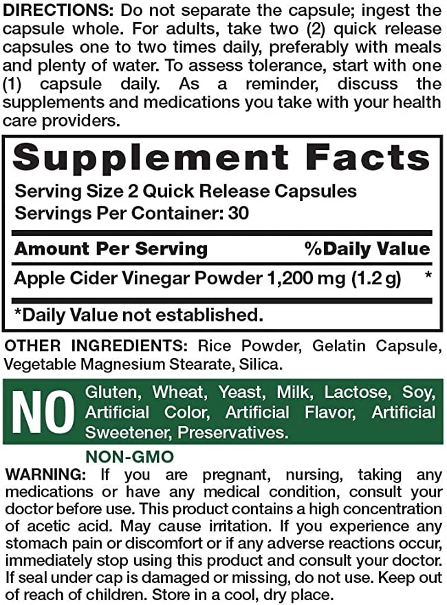 Nature's Truth Triple Strength Apple Cider Vinegar 600 mg 60 Capsules - Image 2