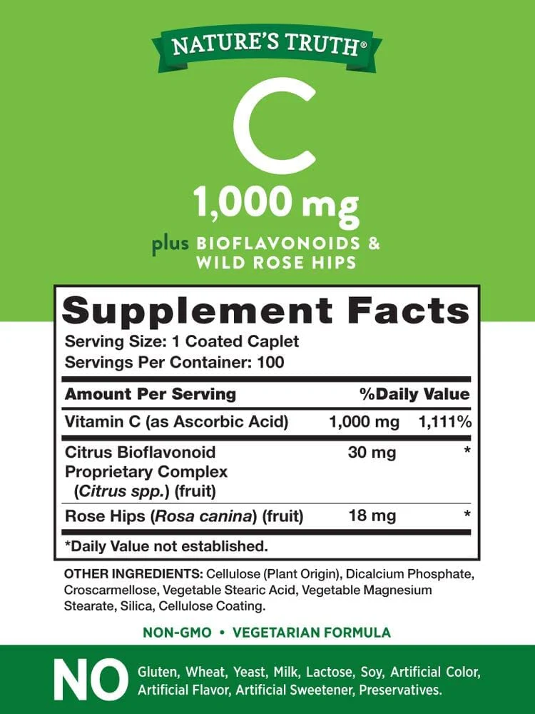 Nature's Truth Vitamin C Bioflavonoids & Rose Hips 1000mg 100 Caplets - Image 3