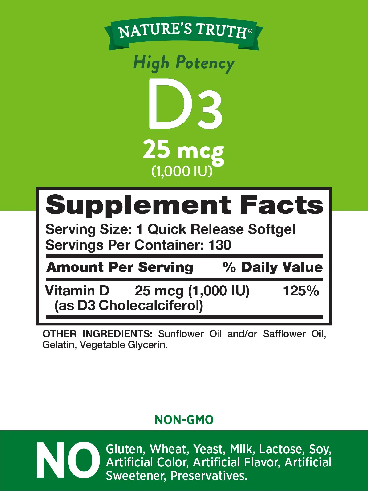 Nature's Truth High Potency Vitamin D3 1000 IU 130 Softgels - Image 2